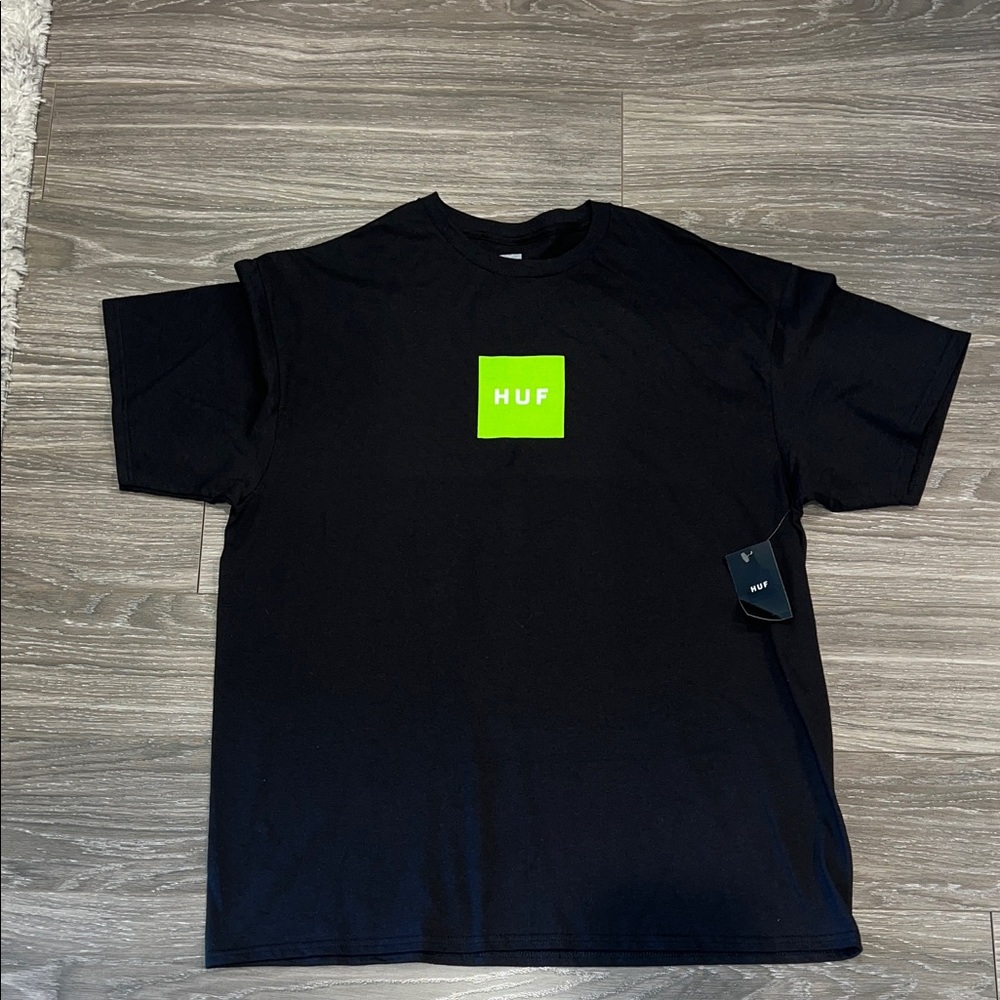 HUF Black Tee with Neon Green Logo